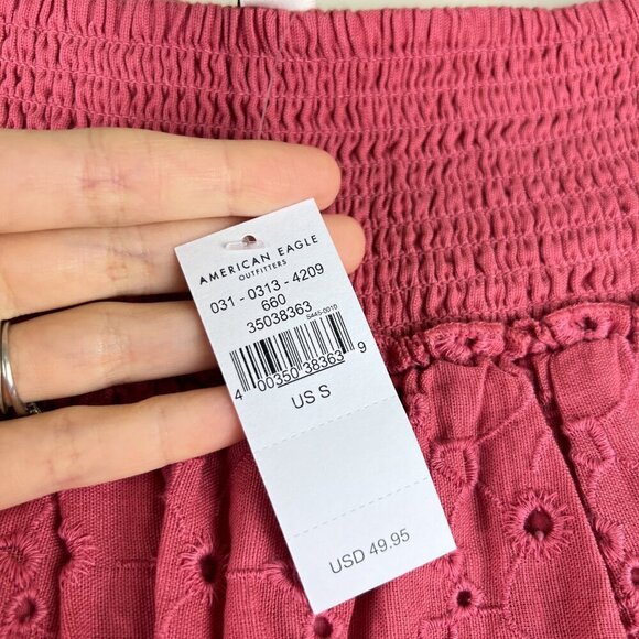 NWT American Eagle Pink A-line Smocked Tiered Eyelet Mini Skirt - Picture 4 of 7